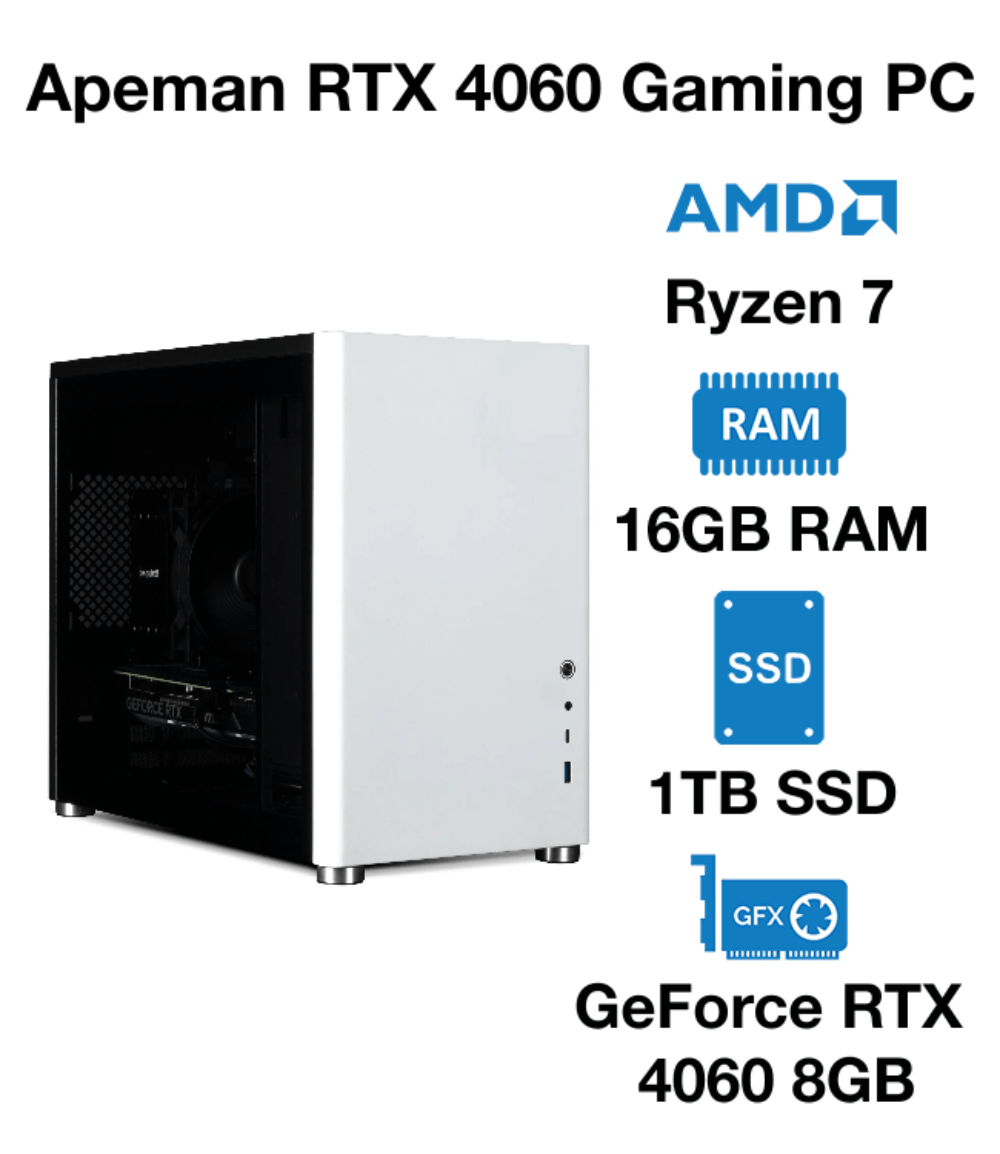 Apeman RTX 4060 Gaming PC | AMD Ryzen 5 | 16GB RAM | 1TB SSD | GeForce RTX 4060 8GB | Windows 10 Pro