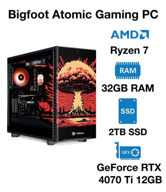 Bigfoot Atomic Gaming PC | AMD Ryzen 7 | 32GB RAM | 2TB SSD | GeForce RTX 4070 Ti 12GB | Windows 10 Pro