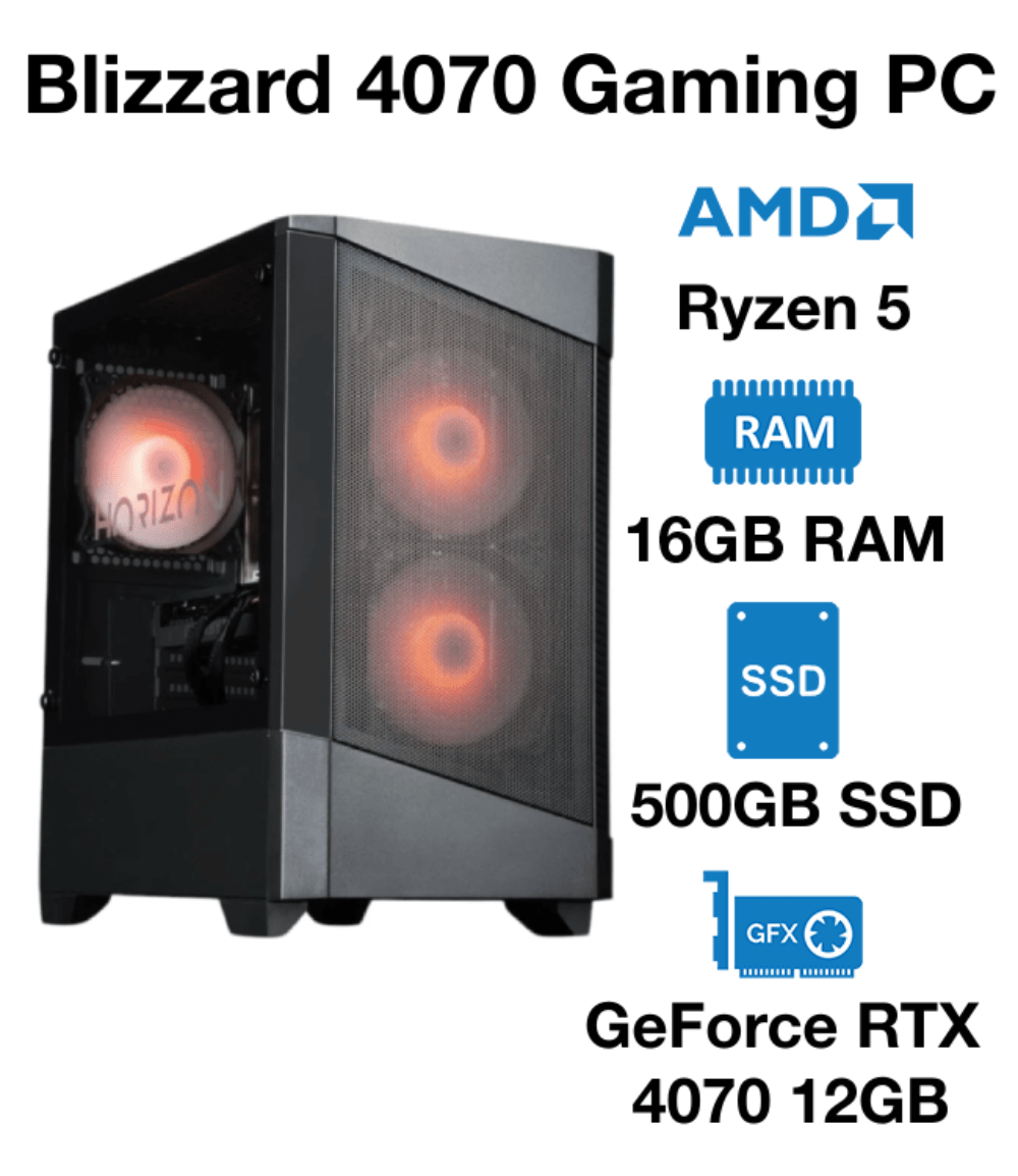 Blizzard 4070 Gaming PC AMD Ryzen 5 | 16GB RAM | 500GB SSD | GeForce RTX 4070 12GB | Windows 10 Pro