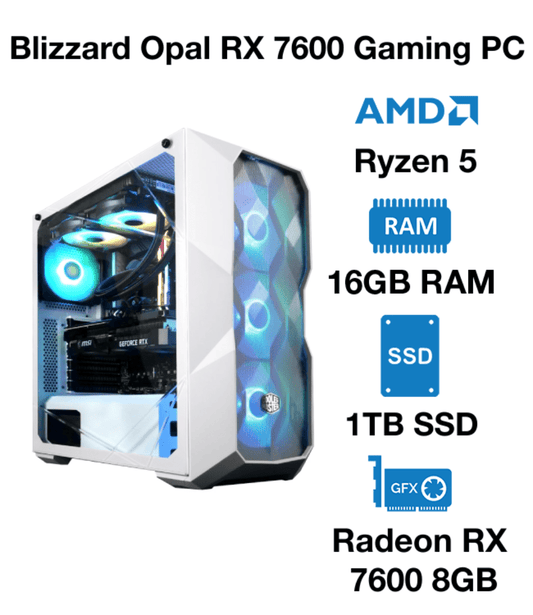 Blizzard Opal RX 7600 Gaming PC | AMD Ryzen 5 | 16GB RAM | 1TB SSD | Radeon RX 7600 8GB Graphics | Windows 10 Pro