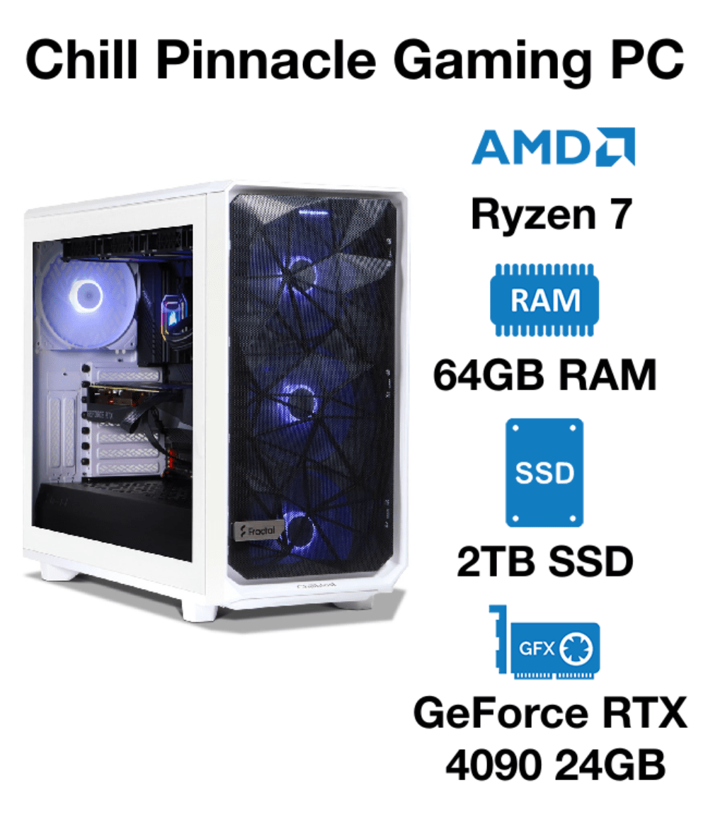Chill Pinnacle Gaming PC | AMD Ryzen 7 | 64GB RAM | 2TB SSD | GeForce RTX 4090 24GB | Windows 10 Pro