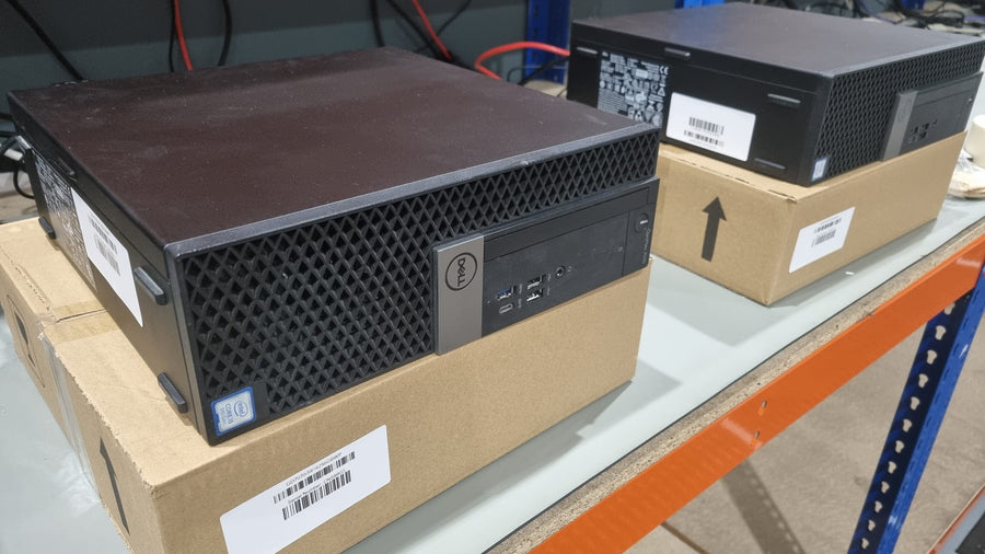 Refurbished Dell OptiPlex desktops with barcoded serial labels