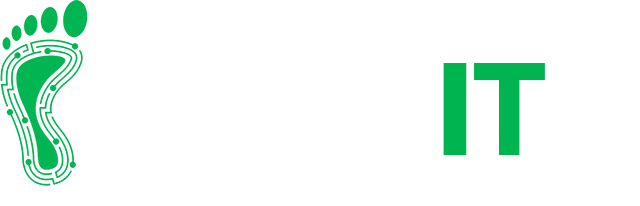 A green footprint icon with circuit-like lines on the left and the letters 'IT' on the right, both in green, on a solid white background.