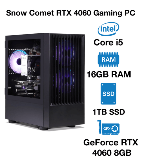 Snow Comet RTX 4060 Gaming PC | Intel Core i5 | 16GB RAM | 1TB SSD | GeForce RTX 4060 8GB | Windows 10 Pro