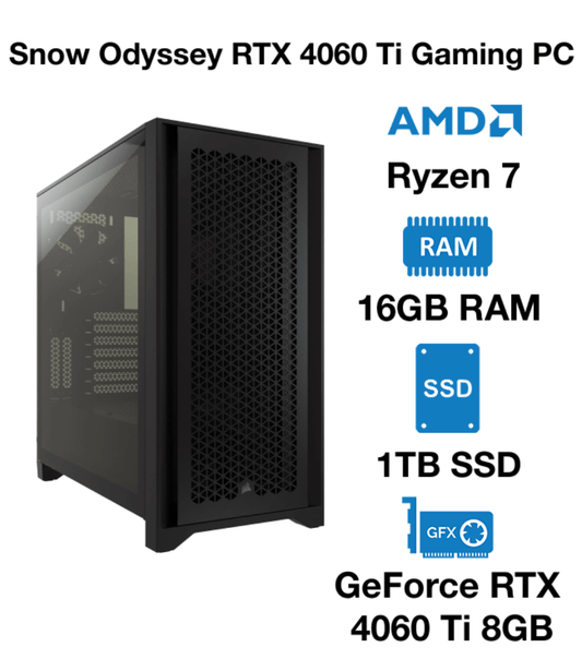 Snow Odyssey RTX 4060 Ti Gaming PC | AMD Ryzen 7 | 16GB RAM | 1TB SSD | GeForce RTX 4060 Ti 8GB | Windows 10 Pro