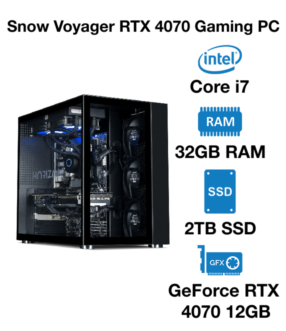 Snow Voyager RTX 4070 Gaming PC | Intel Core i7 | 32GB RAM | 2TB SSD | GeForce RTX 4070 12GB | Windows 10 Pro