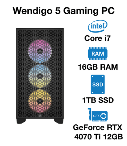 Wendigo 5 Gaming PC Intel Core i7 | 16GB RAM | 1TB SSD | GeForce RTX 4070 Ti 12GB | Windows 10 Pro