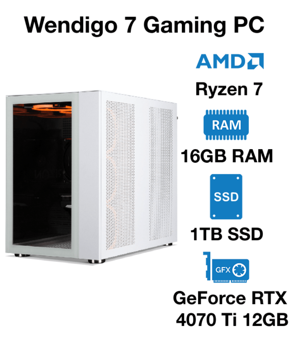 Wendigo 7 Gaming PC AMD Ryzen 7 | 16GB RAM | 1TB SSD | GeForce RTX 4070 Ti 12GB | Windows 10 Pro