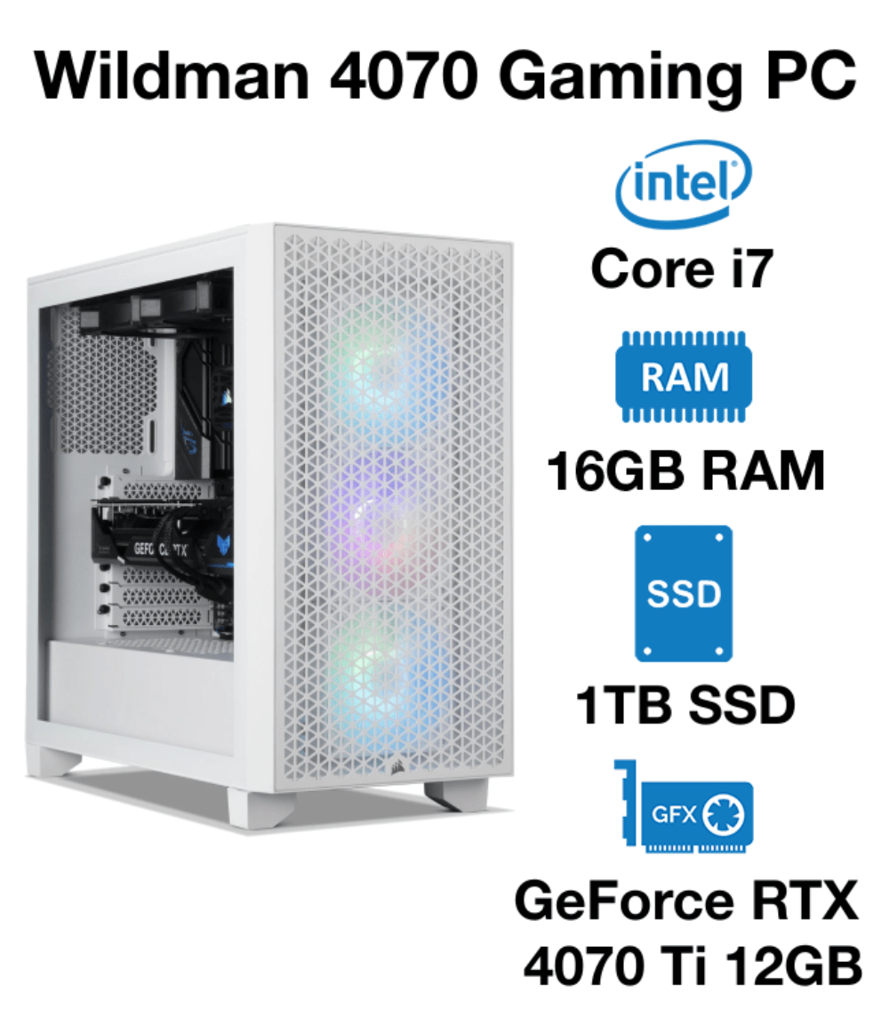 Wildman 4070 Gaming PC Intel Core i7 | 16GB RAM | 1TB SSD | GeForce RTX 4070 Ti 12GB | Windows 10 Pro