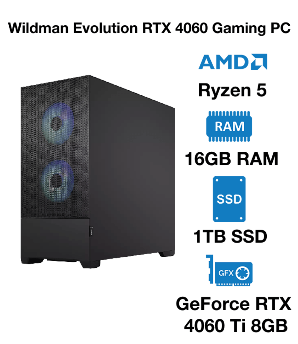 Wildman Evolution RTX 4060 Gaming PC | AMD Ryzen 5 | 16GB RAM | 1TB SSD | GeForce RTX 4060 Ti 8GB | Windows 10 Pro