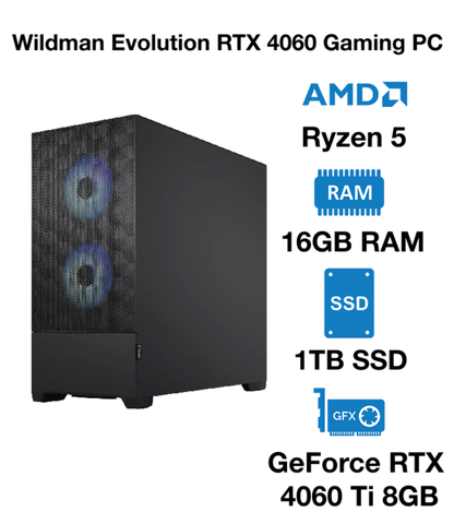 Wildman Evolution RTX 4060 Gaming PC | AMD Ryzen 5 | 16GB RAM | 1TB SSD | GeForce RTX 4060 Ti 8GB | Windows 10 Pro